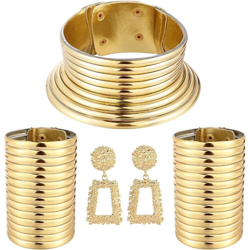 African Jewelry Set Women Gold Choker Bangle Earrings Statement Cosplay Party